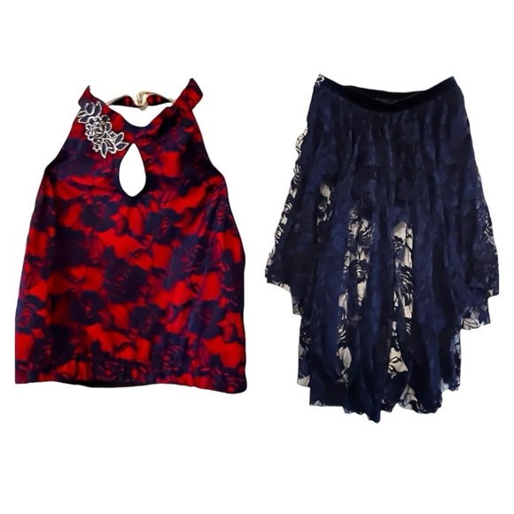 10th House small adult 2 piece dance set navy red lace Applique recital - Picture 1 of 16
